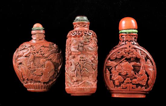 Three Chinese cinnabar lacquer snuff bottles, 1750-1850, Richards no.s 45, 172 and 464